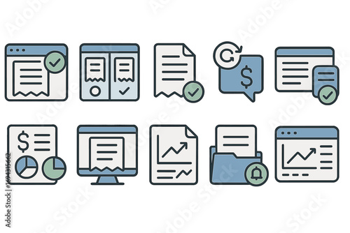 Finance and accounting icon set. budget, invoice, chart icons in flat style