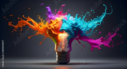 A light bulb bursts with vibrant paint splashes in multiple colors, symbolizing creativity, innovation, and the explosion of ideas.