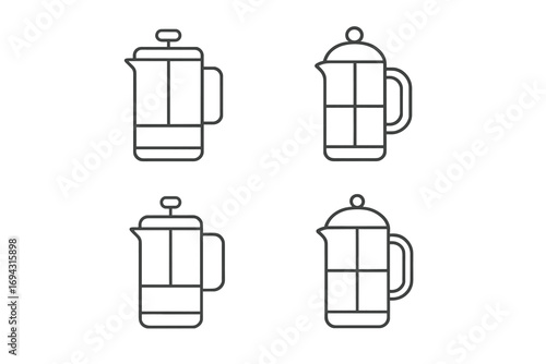 Coffee brewing line icon set. french press, cafetiere, espresso machine, mugs