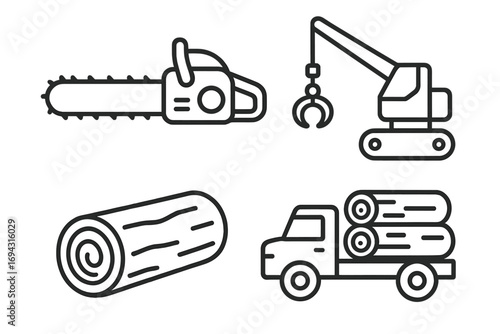 Forestry and logging outline icon set. chainsaw, crane, timber hauling