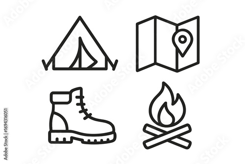 Camping, hiking silhouette icon set. outdoor, map, boot, tent silhouette collection