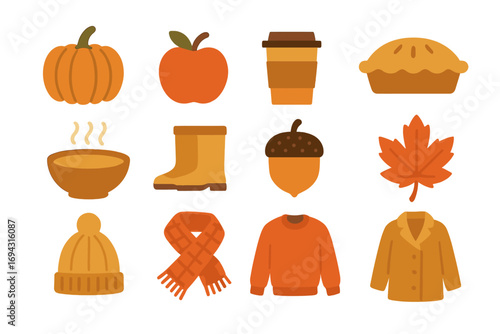 Autumn, fall flat icon set. harvest, cozy season icons collection
