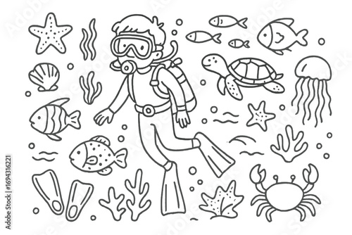 Ocean adventure outline icon set. marine life, scuba diving graphic symbols collection