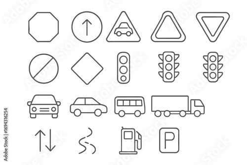 Traffic sign icon set. road, safety icons in outline style for travel and transportation