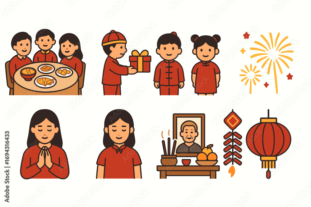 Obraz premium Chinese new year flat icon set. celebration, festival symbols in flat style collection