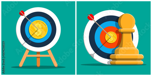 Archery target with dollar coin bullseye. Business goal achievement concept with arrow hit center. Financial success strategy.