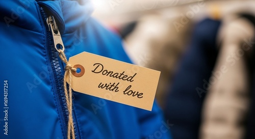 Blue coat with a tag reading 