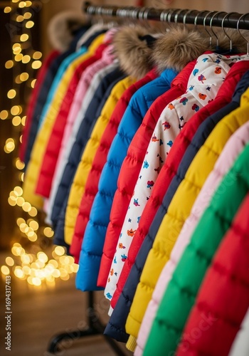 Many colorful winter coats waiting for a new owner. Coat drive and charitable donation concept. Warm clothes for cold weather.