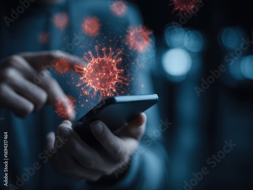 System hacked warning alert, Man using smartphone with cyber attack network, virus, spyware, scam or Malicious software. Cyber security and cybercrime. Compromised information internet