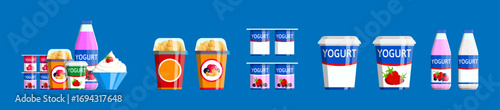 Set of yogurt in plastic jar and bottle with berry, milk product dessert for snack menu or grocery store. Food concept.