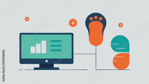 Footprint Analysis An illustration showing a digital screen displaying a highlighted footprint beside a shoe emphasizing gait tracking with data points.