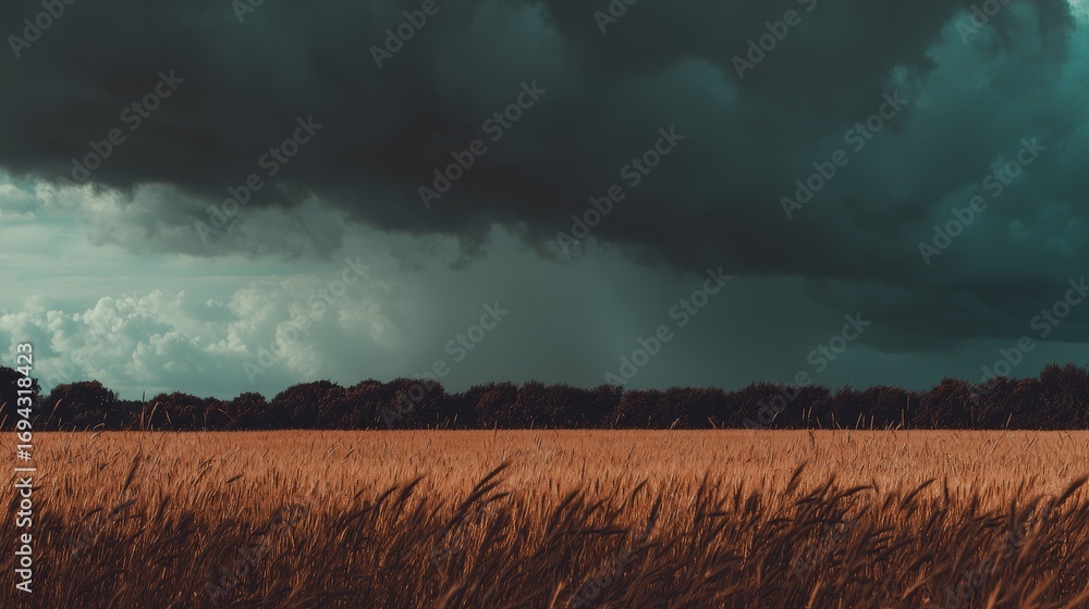 Fototapeta premium Minimalist wheat field under dramatic storm clouds in rustic countryside, high-resolution natural landscape photography