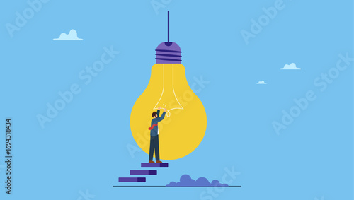 Businessman fixing lightbulb idea. Creativity or innovation to solve business problem, imagination or knowledge to succeed, invention or motivation to help success.