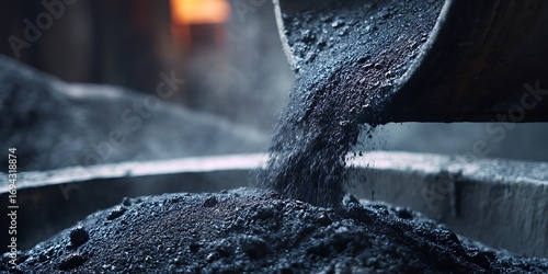 Black biochar material being processed from pyrolysis machine, showcasing texture and details of product. scene captures industrial process and transformation of organic matter.