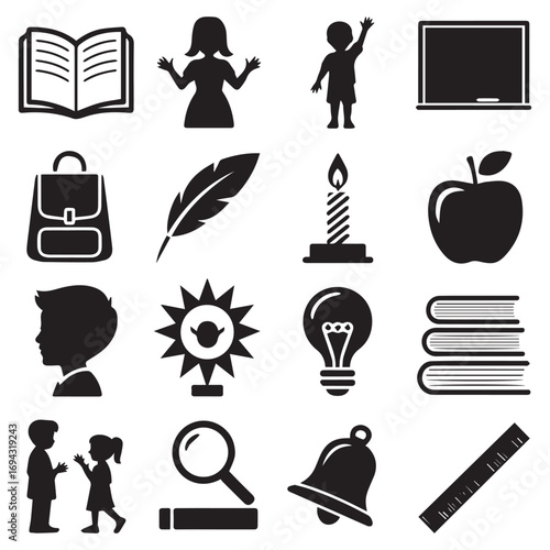 Collection of black silhouette icons representing education learning school supplies and knowledge acquisition