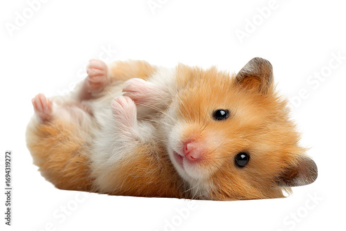 Adorable fluffy hamster lying on back with curious eyes and soft fur isolated on transparent background