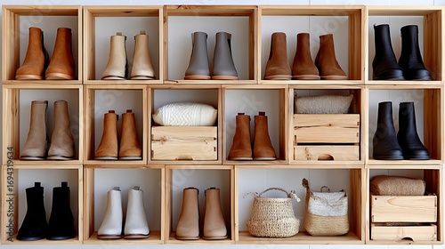 Wallpaper Mural Stylish Boot Collection Displayed in Wooden Shelves for Home Décor Inspiration Torontodigital.ca