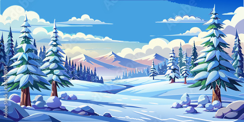 vector graphics, landscape, sky, clouds, forest, mountains, stream, snow, ice, trees, bushes, pine needles, thawed patches, snowdrifts, fjords, meadows, glades, wind, freshness