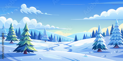 vector graphics, landscape, sky, clouds, forest, mountains, stream, snow, ice, trees, bushes, pine needles, thawed patches, snowdrifts, fjords, meadows, glades, wind, freshness