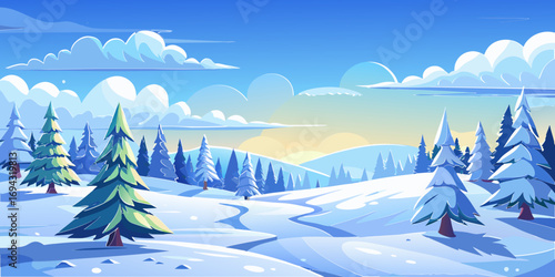 vector graphics, landscape, sky, clouds, forest, mountains, stream, snow, ice, trees, bushes, pine needles, thawed patches, snowdrifts, fjords, meadows, glades, wind, freshness