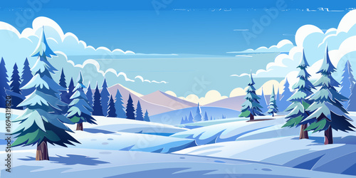 vector graphics, landscape, sky, clouds, forest, mountains, stream, snow, ice, trees, bushes, pine needles, thawed patches, snowdrifts, fjords, meadows, glades, wind, freshness