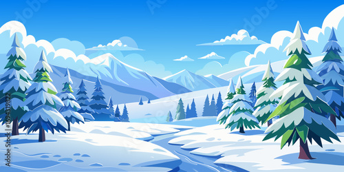vector graphics, landscape, sky, clouds, forest, mountains, stream, snow, ice, trees, bushes, pine needles, thawed patches, snowdrifts, fjords, meadows, glades, wind, freshness