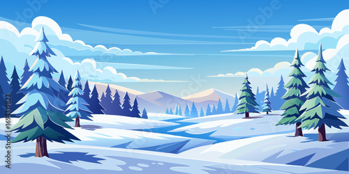 vector graphics, landscape, sky, clouds, forest, mountains, stream, snow, ice, trees, bushes, pine needles, thawed patches, snowdrifts, fjords, meadows, glades, wind, freshness