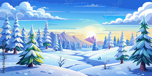 vector graphics, landscape, sky, clouds, forest, mountains, stream, snow, ice, trees, bushes, pine needles, thawed patches, snowdrifts, fjords, meadows, glades, wind, freshness