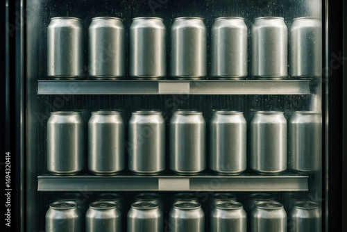 Rows of blank aluminum cans are neatly arranged in a chilled fridge. The condensation on the metallic surface highlights refreshment and cold beverages.