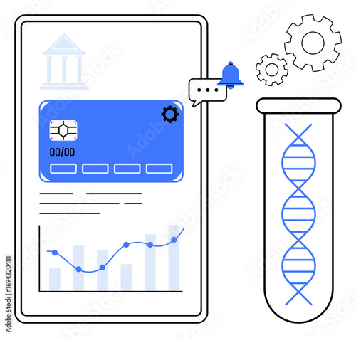 Bank card dashboard next to DNA in test tube and cogwheels. Ideal for finance, biotechnology, innovation, analytics, digital transformation, research, fintech. Simple flat metaphor