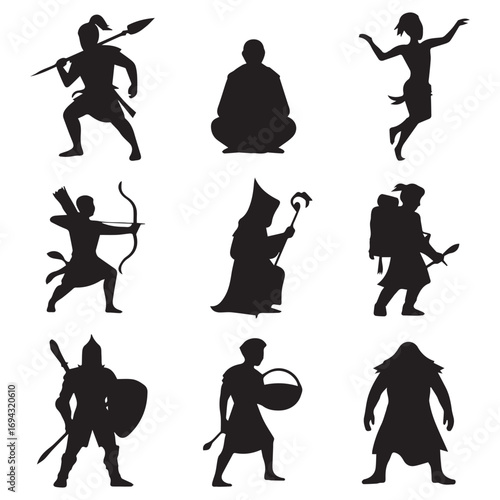 Collection of diverse silhouette figures depicting warriors mystics and dancers in dynamic poses against white background
