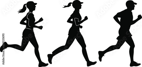 Running man and woman silhouettes vector set illustration. Male and female runners figure shapes vector.