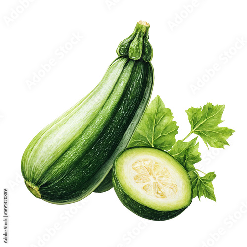 Whole zucchini with leaves watercolor illustration isolated