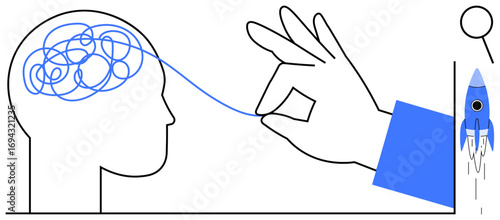 Hand unraveling tangled brain thoughts into clarity, launching rocket for progress. Ideal for problem-solving, creativity, innovation, learning, brainstorming, decision-making productivity. A simple