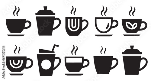 collection of ten black silhouette hot beverage cups mugs vector illustration
