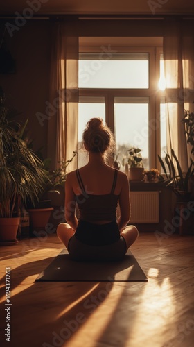 a person sitting cross-legged on a yoga mat indoors, facing a window with warm morning sunlight casting gentle shadows, minimal room with neutral tones and plants, peaceful atmosphere 