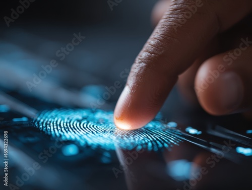 User uses fingerprint for log in for privacy and security of personal data. Cyber security protects business transactions from online cyberattacks