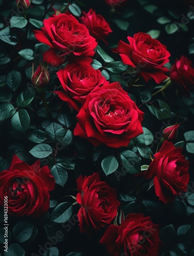 Deep red roses blooming in a lush garden