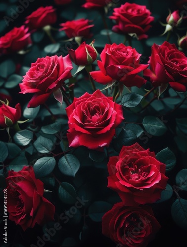 Deep red roses bloom in moody dark green foliage