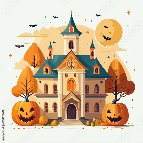 The mansion is brightly colored in autumn for Halloween.