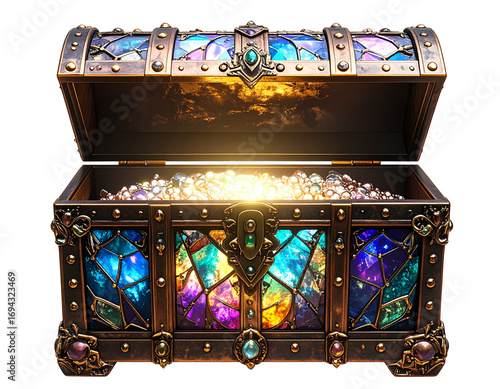 Mystical Iridescent Treasure Chest Half Open with Glowing Interior, Front View, Isolated on Transparent Background