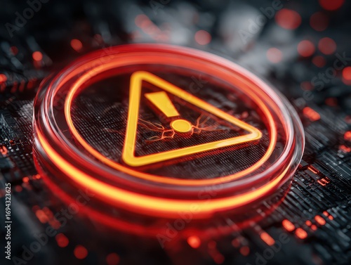 Warning alert icon with a hacked system. malicious software, virus, spyware, malware, or cyberattacks on computer networks. Security on the internet and online scam. Digital data is being compromised.