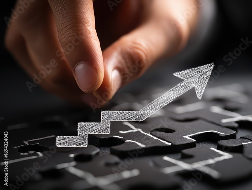 Working on steps shaped jigsaw puzzle. Drawing up arrow on black. Concept image of making growth strategy.