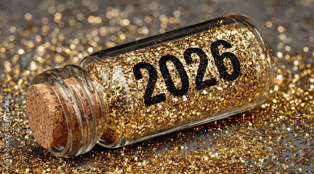 © Helena GARCIA - Partículas de brillo dorado iluminadas dentro de un frasco de vidrio con tapon de corcho etiquetado como '2026', que representa celebración, festividad y espíritu de Año Nuevo © Helena GARCIA - Partículas de brillo dorado iluminadas dentro de un frasco de vidrio con tapon de corcho etiquetado como '2026', que representa celebración, festividad y espíritu de Año Nuevo