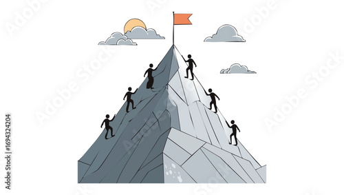 Climbers Ascending Rocky Mountain Peak Towards Success Flag