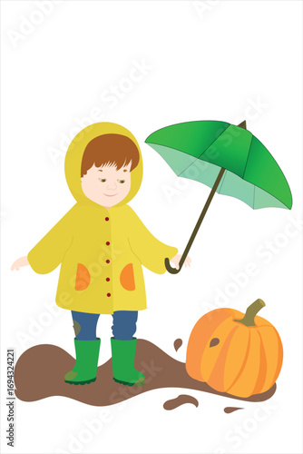 Boy in yellow raincoat with umbrella and pumpkin, autumn illustration perfect for seasonal designs.