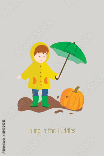 Autumn boy in raincoat with pumpkin, jumping in puddles, cozy seasonal greeting card vector illustration.