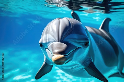 Close up underwater portrait of a friendly dolphin smiling