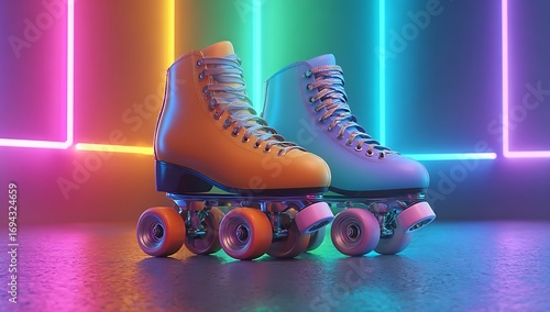 Retro roller skates illuminated by vibrant neon lights