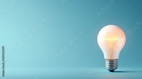 Bright Light Bulb Glowing on Minimalist Blue Background Design